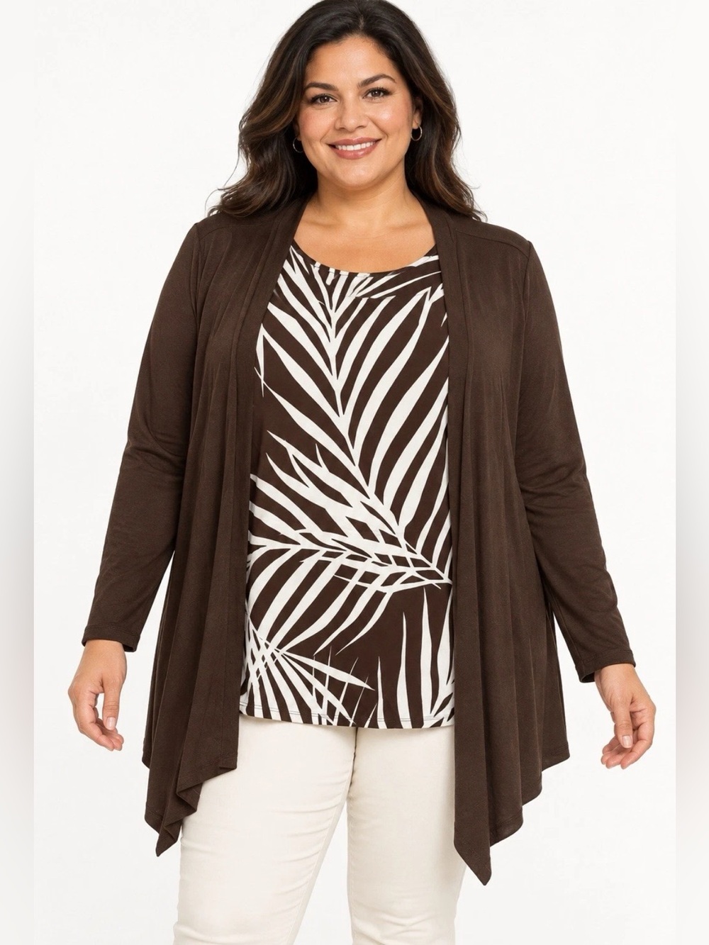 Denim & Co Beach Palm Tank & Cardigan Set Chocolate 2X A718491